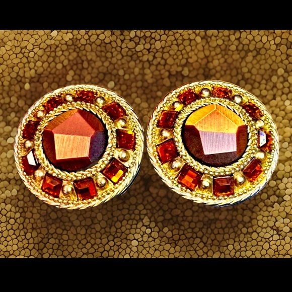🍁VTG CHUNKY ROUND BLING AMBER CLIP-ON FASHION EARRINGS🍁 - Picture 1 of 6